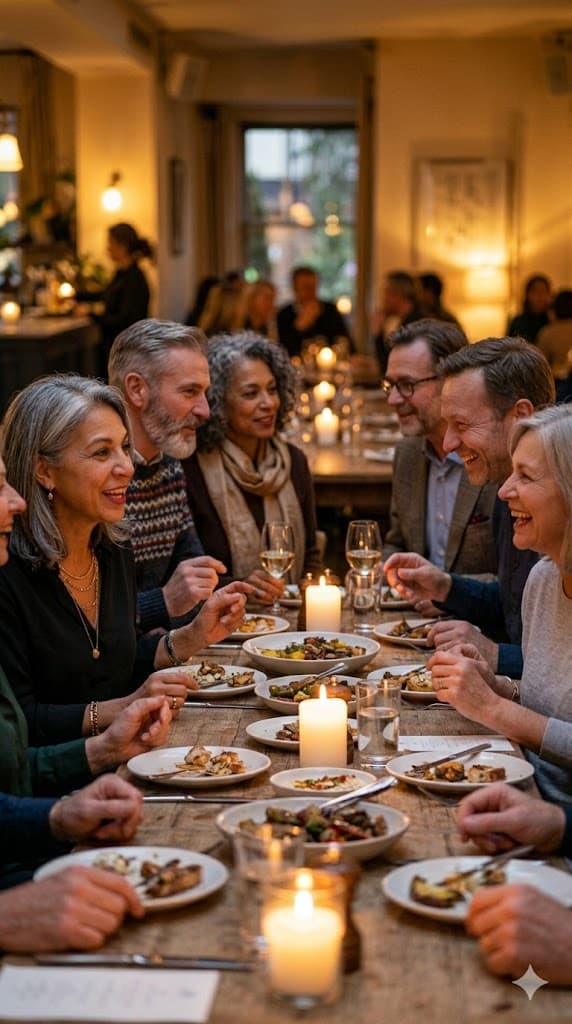 Friends enjoying a candlelit group dinner